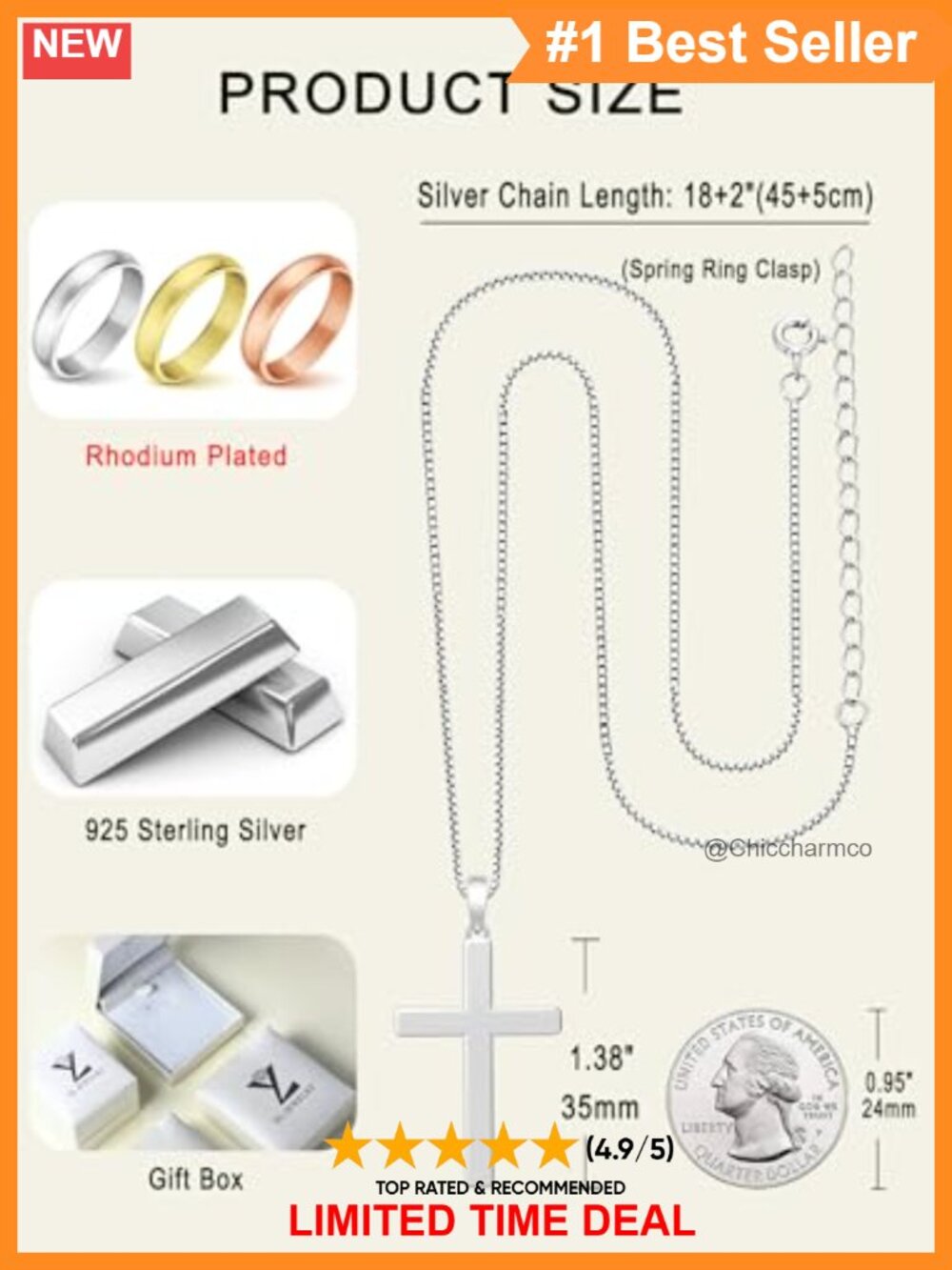 Sterling Silver Cross Pendant Necklace Box Chain 20" Unisex Gift - Picture 5 of 6